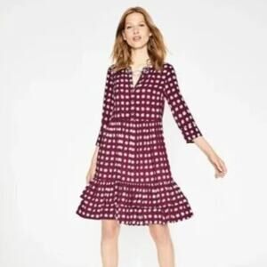 Boden Brand Relaxed Tiered Hem Dress Burgundy Starburst Size 2 Petite 2P
